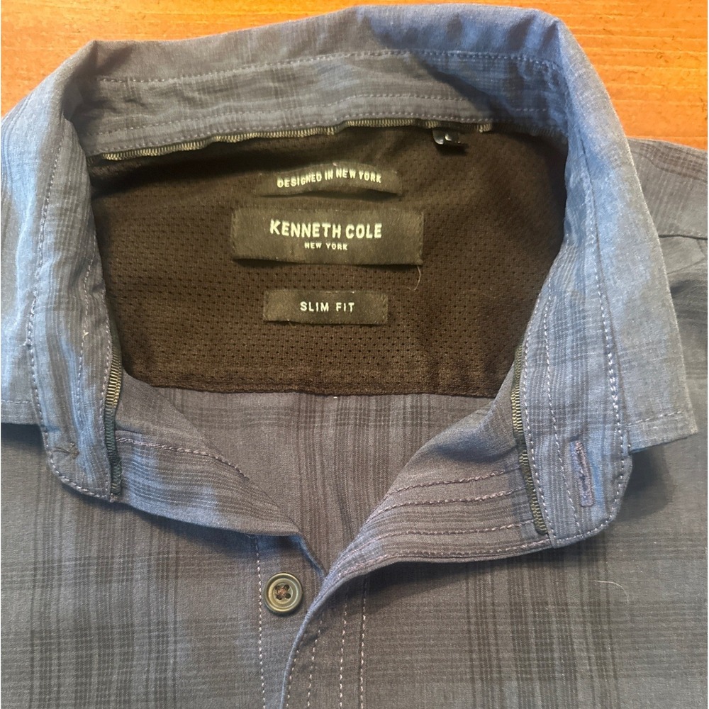 Kenneth Cole Button Down Mens Large Blue Excellent Slim Fit Plaid Short Sleeve